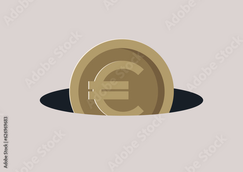 A euro coin disappearing in a black hole, corruption or money loss concept