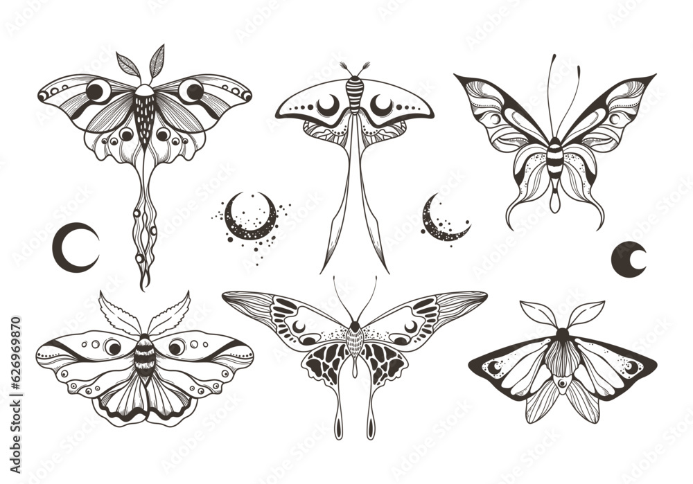 Mystical celestial moth and butterfly clipart bundle, magic black and white insects silhouettes in vector, unreal hand drawn night moth, isolated elements set - obrazy, fototapety, plakaty 