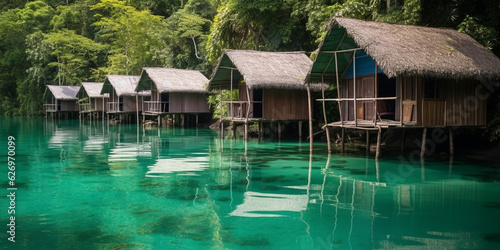 Idyllic Polynesian wooden huts on stilts standing in turquoise waters in an island bay - AI generated