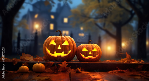 jack o lantern halloween pumpkin on a dark background in the forest inside a grave