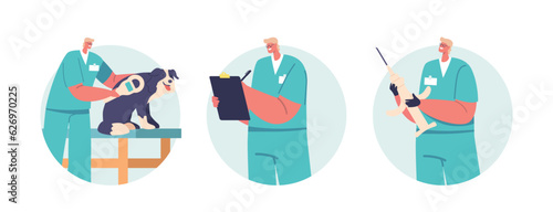 Isolated Round Icons Or Avatars With Veterinarian Doctors Provide Dog Chipping, Process Of Implanting Microchip