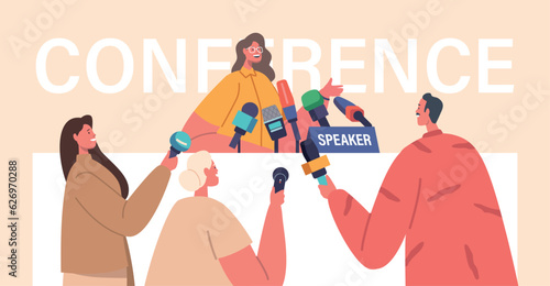 Journalist Interviewing Female Speaker during Briefing or Press Conference. Woman Speak to Reporter Characters