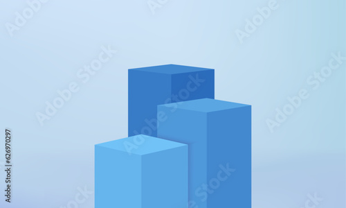 Abstract empty blue podium stand background with geometric shape for presentation, exhibition, showcase and display. stage show floor. 3D rendering design. Minimal mockup with podium scene concept.