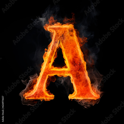 Capital letter A consisting of a flame. Burning letter A. Letter of fire Flames alphabet on black background.