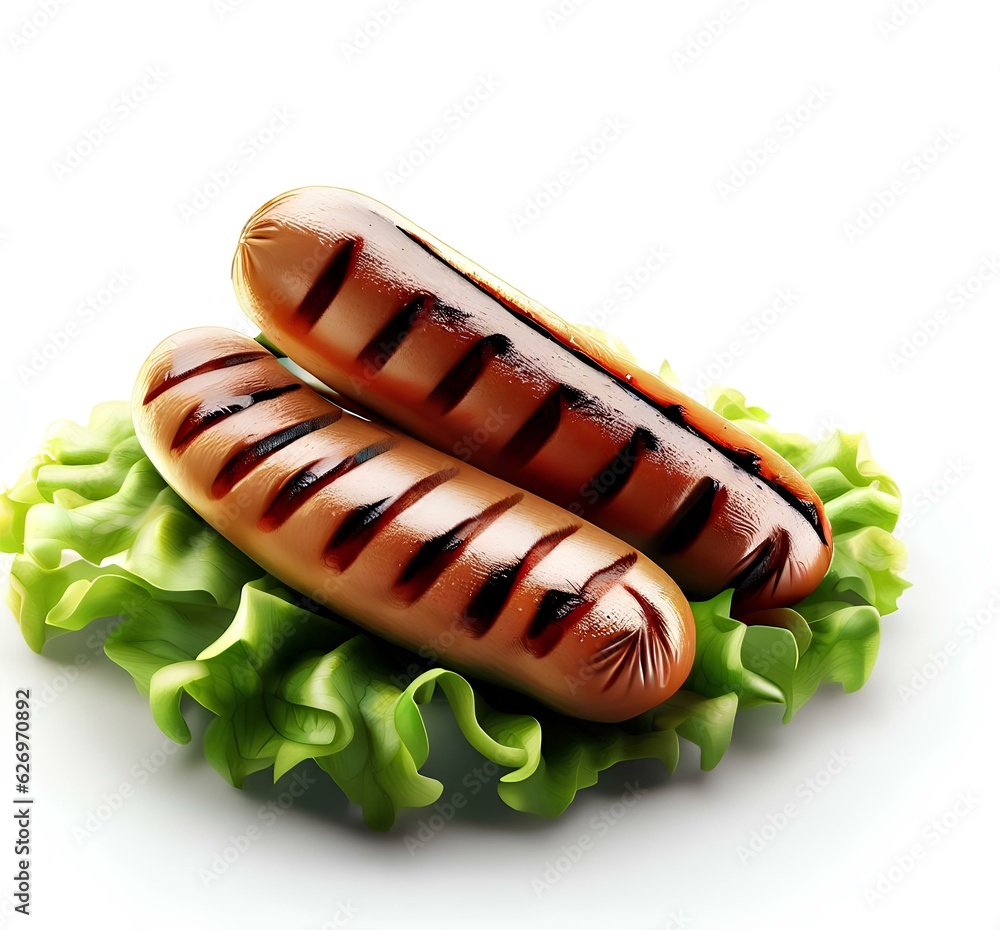 Grilled pork sausages with lettuce isolated on white background Generative AI Grilled pork sausages with lettuce isolated on white background Generative AI
