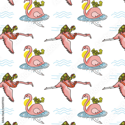 Cartoon character repeat pattern design with flamingos and turtles, kids fabric, textile seamless vector  (ID: 626971035)