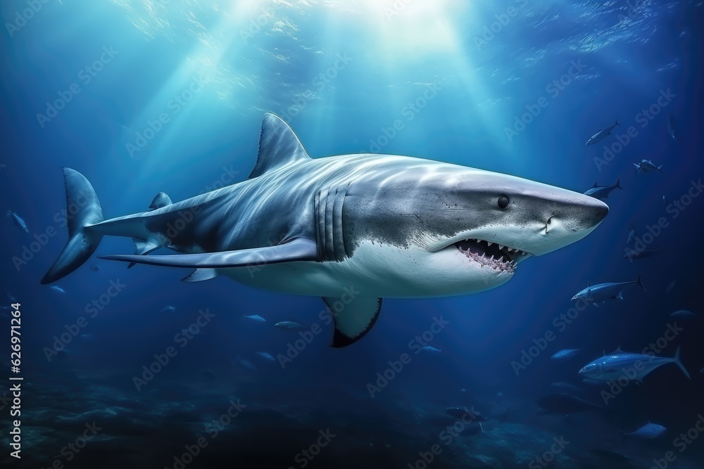 A great white shark with sharp teeth in motion is swimming in the ocean hunting for prey. A great white shark with sharp teeth in motion is swimming in the ocean hunting for prey.