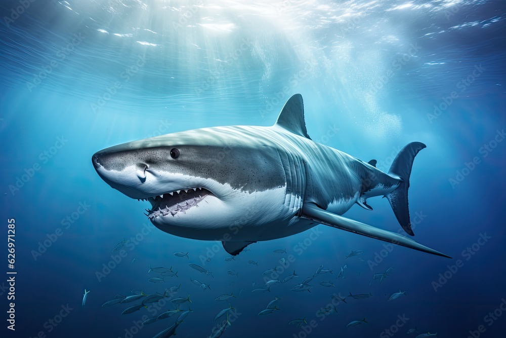 A great white shark with sharp teeth in motion is swimming in the ocean hunting for prey. A great white shark with sharp teeth in motion is swimming in the ocean hunting for prey.