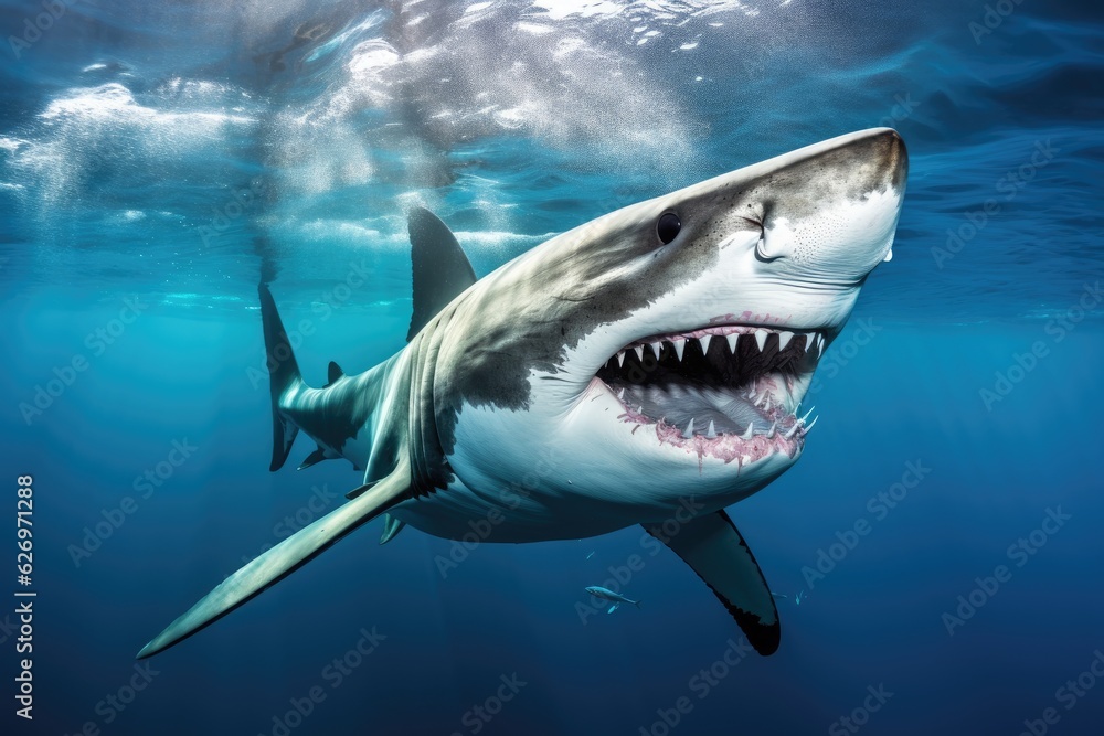 Fototapeta premium A great white shark with sharp teeth in motion is swimming in the ocean hunting for prey.