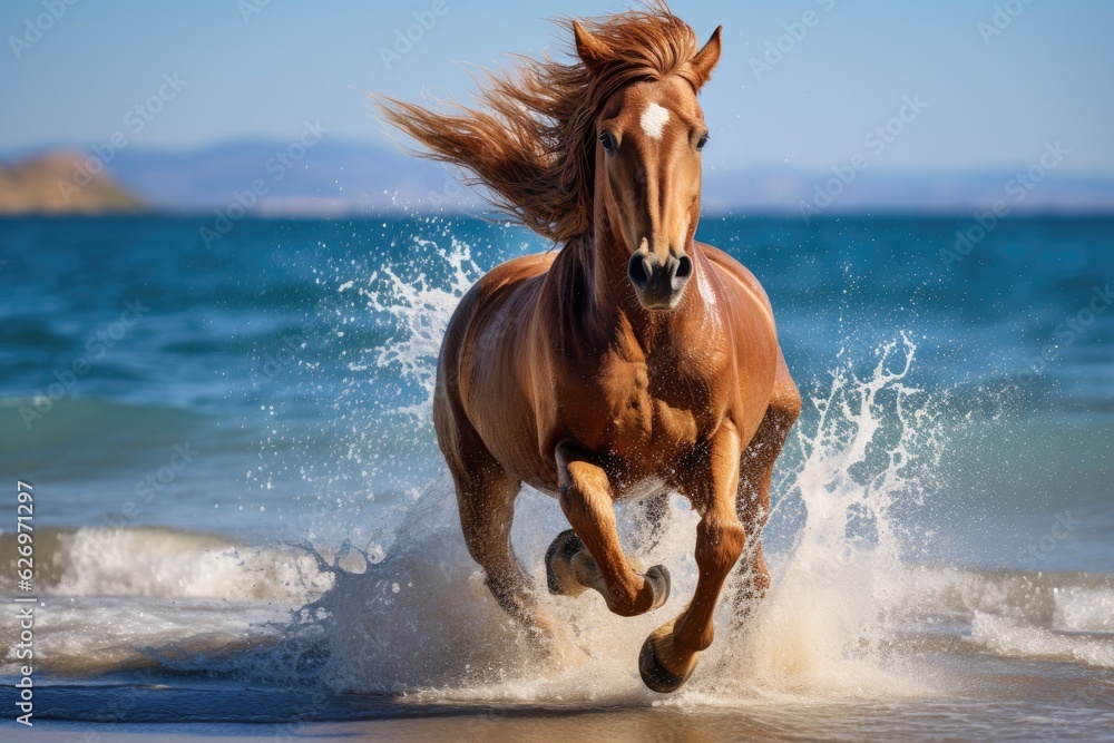Obraz premium brown horse animal in motion running on the beach bright blue sky backdrop