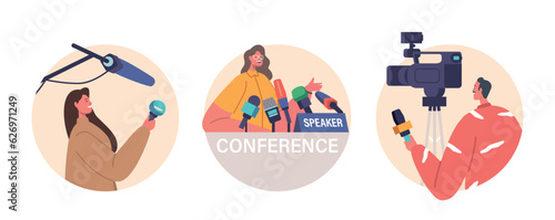 Press Conference Isolated Round Icons, Avatars. Woman on Tribune Speak to Audience, Journalists or Press Media Workers