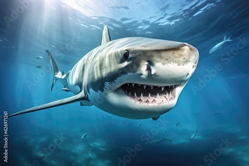 A great white shark with sharp teeth in motion is swimming in the ocean hunting for prey.