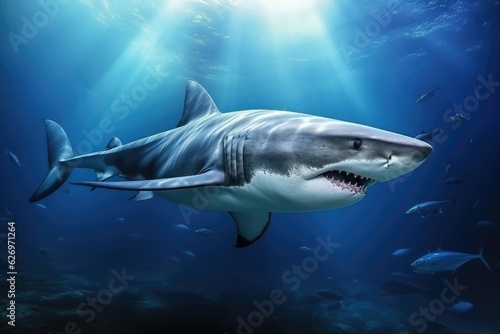 A great white shark with sharp teeth in motion is swimming in the ocean hunting for prey. © linen