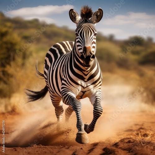 a zebra running on a dirt road in the wild