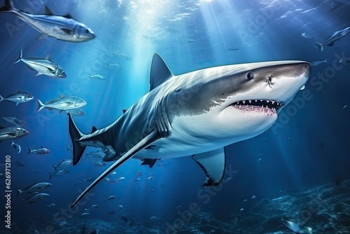 A great white shark with sharp teeth in motion is swimming in the ocean hunting for prey. © linen