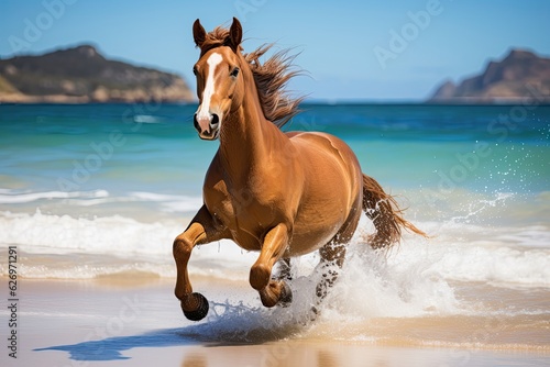 brown horse animal in motion running on the beach bright blue sky backdrop