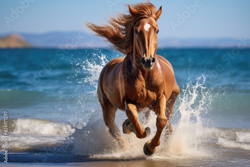 brown horse animal in motion running on the beach bright blue sky backdrop