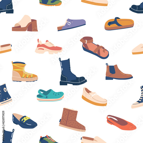 Stylish Seamless Pattern with Shoes, Design Featuring Various Types Of Footwear such as Leather Boots, Slipper, Sneakers