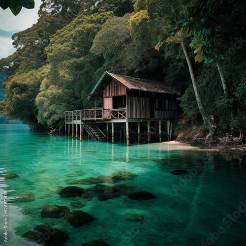 Idyllic Polynesian wooden huts on stilts standing in turquoise waters in an island bay - AI generated