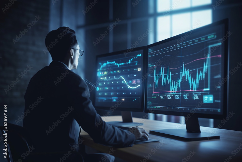 Mann arbeitet an der Börse vor Börsenkursen mit starken Emotionen, 16, Ai generiert Mann arbeitet an der Börse vor Börsenkursen mit starken Emotionen, 16, Ai generiert