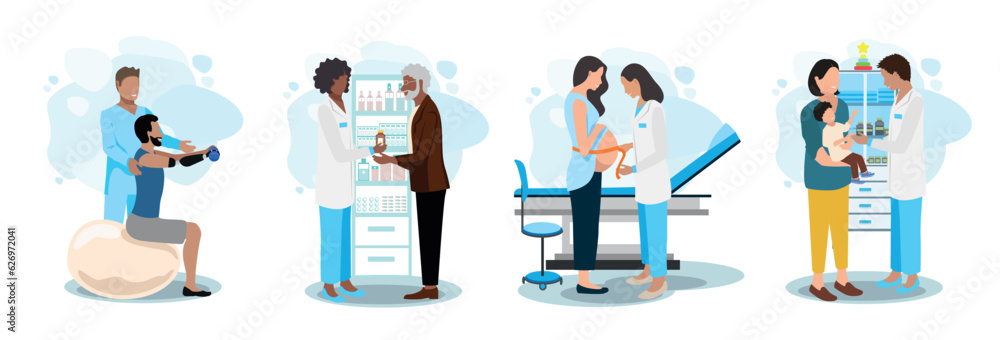 Doctor and patient vector illustration set. A patient for rehabilitation, limb prosthetics, in a pharmacy, a child at a pediatrician, a pregnant woman at a gynecologist. Thank you doctors and nurses.