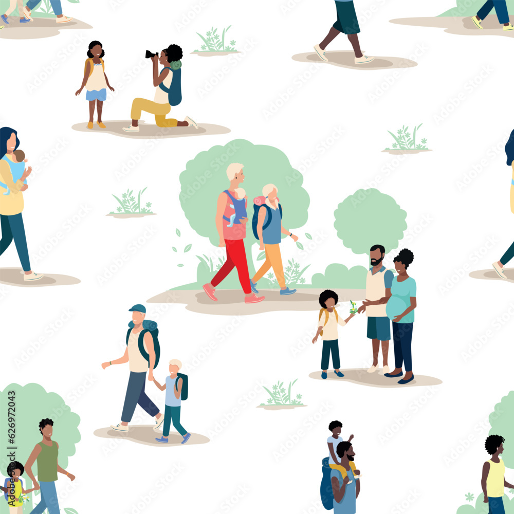 People of different ages and nationalities on a walk in the park. Families with children, old and young couples, friends spend time together. Seamless pattern. Vector background.