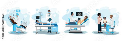 Doctor and patient vector illustration set. The patient is in intensive care, in the office of a dentist, a pediatrician, a pregnant woman in an ultrasound room. Thank you doctors and nurses.