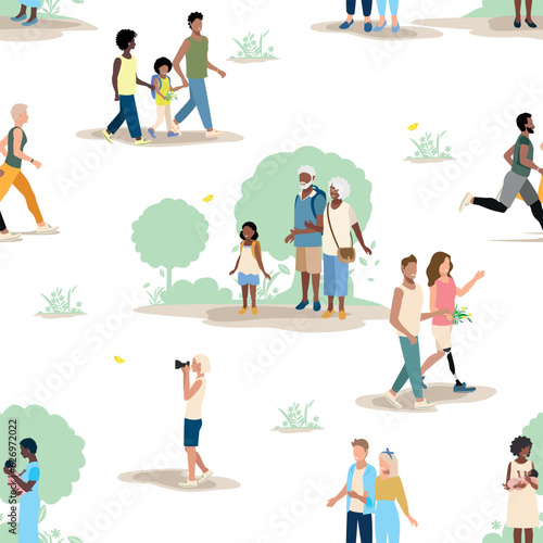 People of different ages and nationalities on a walk in the park. Families with children, old and young couples, friends spend time together. Seamless pattern. Vector background.