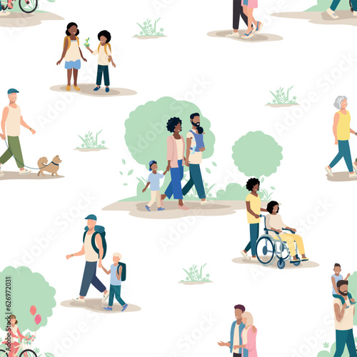 People of different ages and nationalities on a walk in the park. Families with children, old and young couples, friends spend time together. Seamless pattern. Vector background.