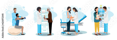 Doctor and patient vector illustration set. A patient for rehabilitation, limb prosthetics, in a pharmacy, a child at a pediatrician, a pregnant woman at a gynecologist. Thank you doctors and nurses.