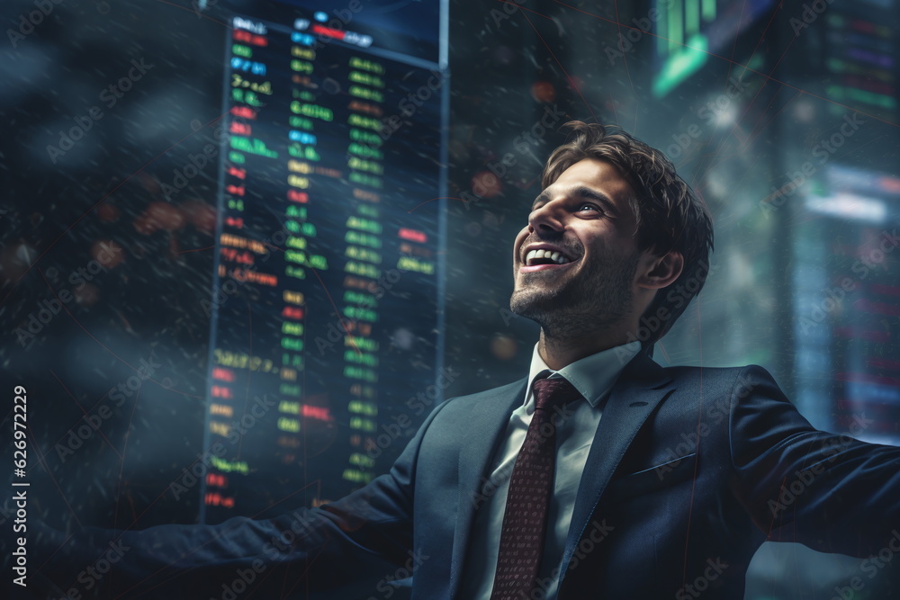 Fototapeta premium Mann arbeitet an der Börse vor Börsenkursen mit starken Emotionen, 8, Ai generiert