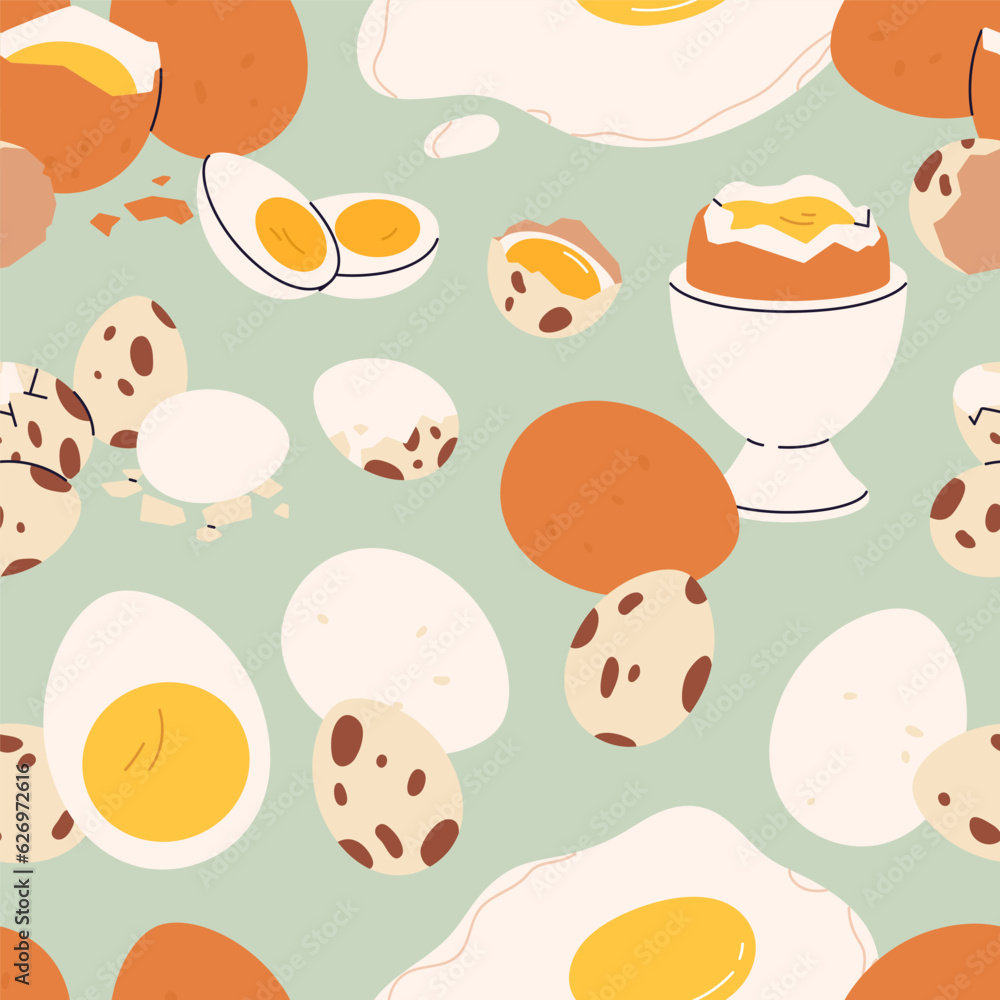 Chicken and quail eggs, seamless pattern. Raw and cooked yolk, protein food, shell, repeating print. Endless background for decoration. Flat vector illustration for wrapping, textile, fabric Chicken and quail eggs, seamless pattern. Raw and cooked yolk, protein food, shell, repeating print. Endless background for decoration. Flat vector illustration for wrapping, textile, fabric
