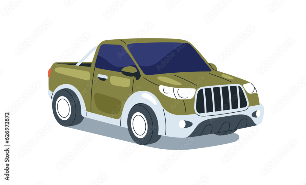 Passenger car of pickup model. Pick-up, american SUV auto. Automobile vehicle. Road wheeled automotive transport, body exterior. Flat vector illustration isolated on white background Passenger car of pickup model. Pick-up, american SUV auto. Automobile vehicle. Road wheeled automotive transport, body exterior. Flat vector illustration isolated on white background