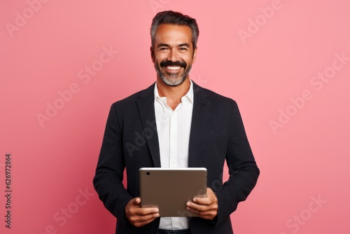 Portrait of a fictional middle aged man using a tablet. Isolated on a plain pastel colored background. Generative AI.