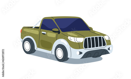 Passenger car of pickup model. Pick-up, american SUV auto. Automobile vehicle. Road wheeled automotive transport, body exterior. Flat vector illustration isolated on white background