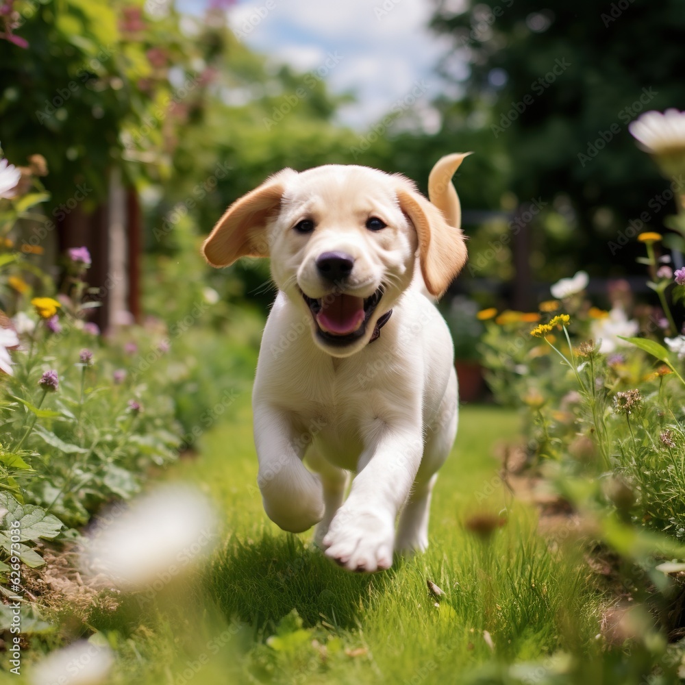 White Puppy of Labrador Running in a Garden toward the Camera. White Puppy of Labrador Running in a Garden toward the Camera.