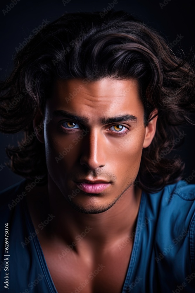 Sigma Male with Long Brown Hairs and Brown Eyes looking at camera Serious. Male Model.