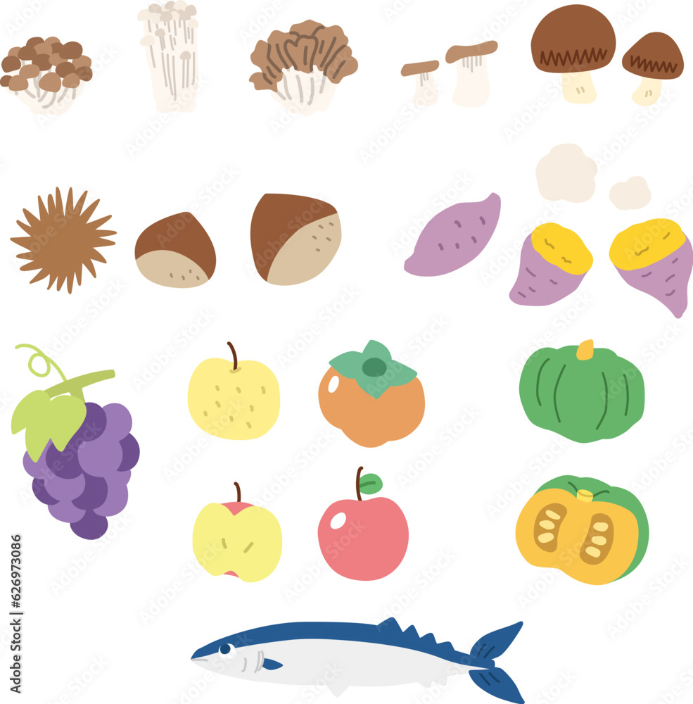 食欲の秋をイメージした秋の食材のシンプルイラストセット 食欲の秋をイメージした秋の食材のシンプルイラストセット