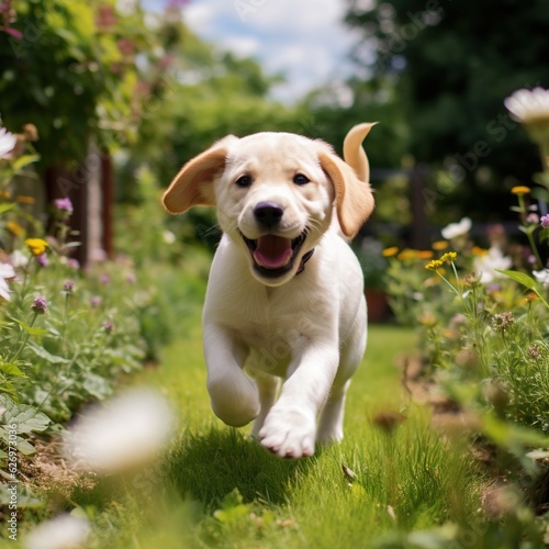 White Puppy of Labrador Running in a Garden toward the Camera.