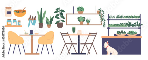 Vegan Restaurant Equipment and Furniture Isolated Icons Set. Tables, Chairs, Shelf with Microgreens and Plants, Spices