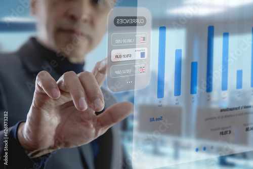 Businessman in the office interacting with augmented reality or virtual touch screen to enter passcodes for business data analysis
