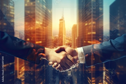 double exposure of a business handshake and cityscape, Generative AI