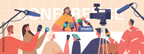 Press Conference, Briefing Concept. Woman Speak to Audience, Journalists or Press Media Workers with Microphones