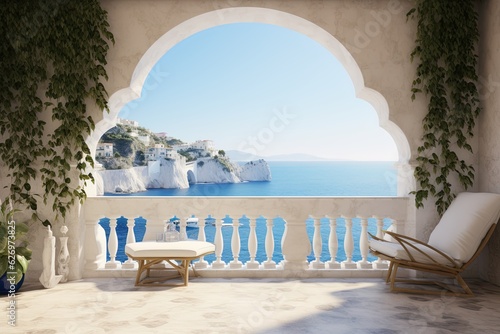 Fototapeta Naklejka Na Ścianę i Meble -  Modern White Portico in Greece. Landscape on the Sea.