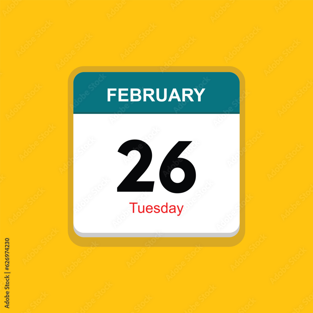 tuesday 26 february icon with yellow background, calender icon