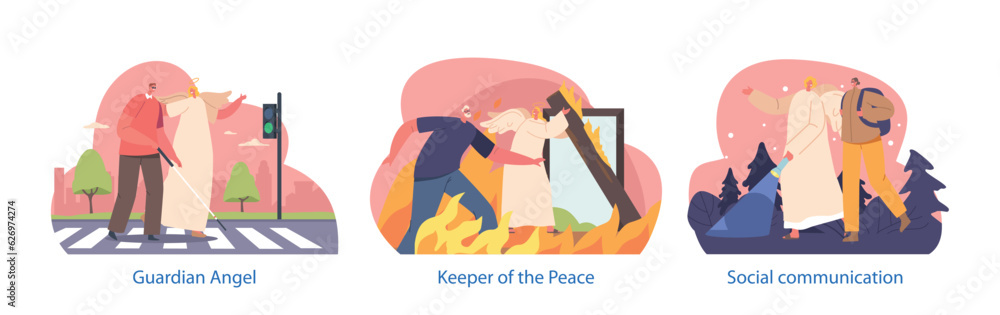 Isolated Elements with Angel Keeper Character Help to Blind Man Cross the Road, Tourist Woman in Night Forest Isolated Elements with Angel Keeper Character Help to Blind Man Cross the Road, Tourist Woman in Night Forest