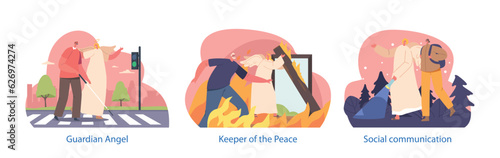 Isolated Elements with Angel Keeper Character Help to Blind Man Cross the Road, Tourist Woman in Night Forest