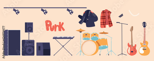 Electric Guitars, Bass Guitars, Drum Kit, Amplifier, And Microphones Punk Rock Music Instruments Isolated Icons Set