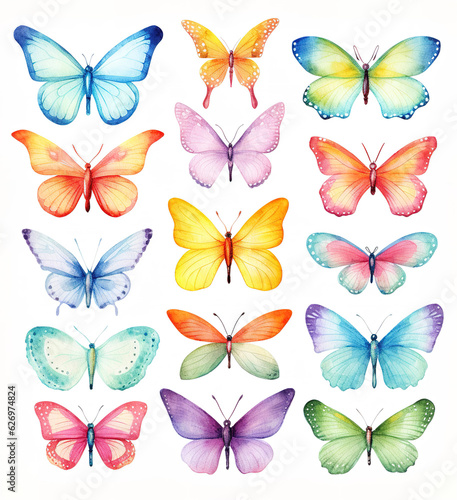 seamless background collection set of isolated  
 butterflies  watercolor