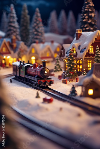 Polar Express gliding through a snowy little town with snow-covered houses - AI generated